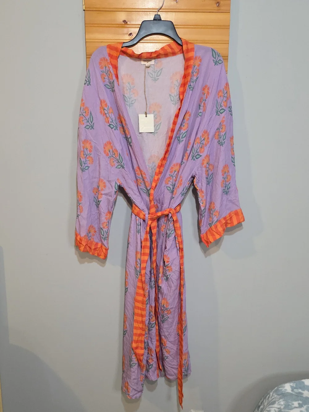 World Market NWT Lavender Floral Kimono Cover Up Orange Trim Sz L/XL Boho
